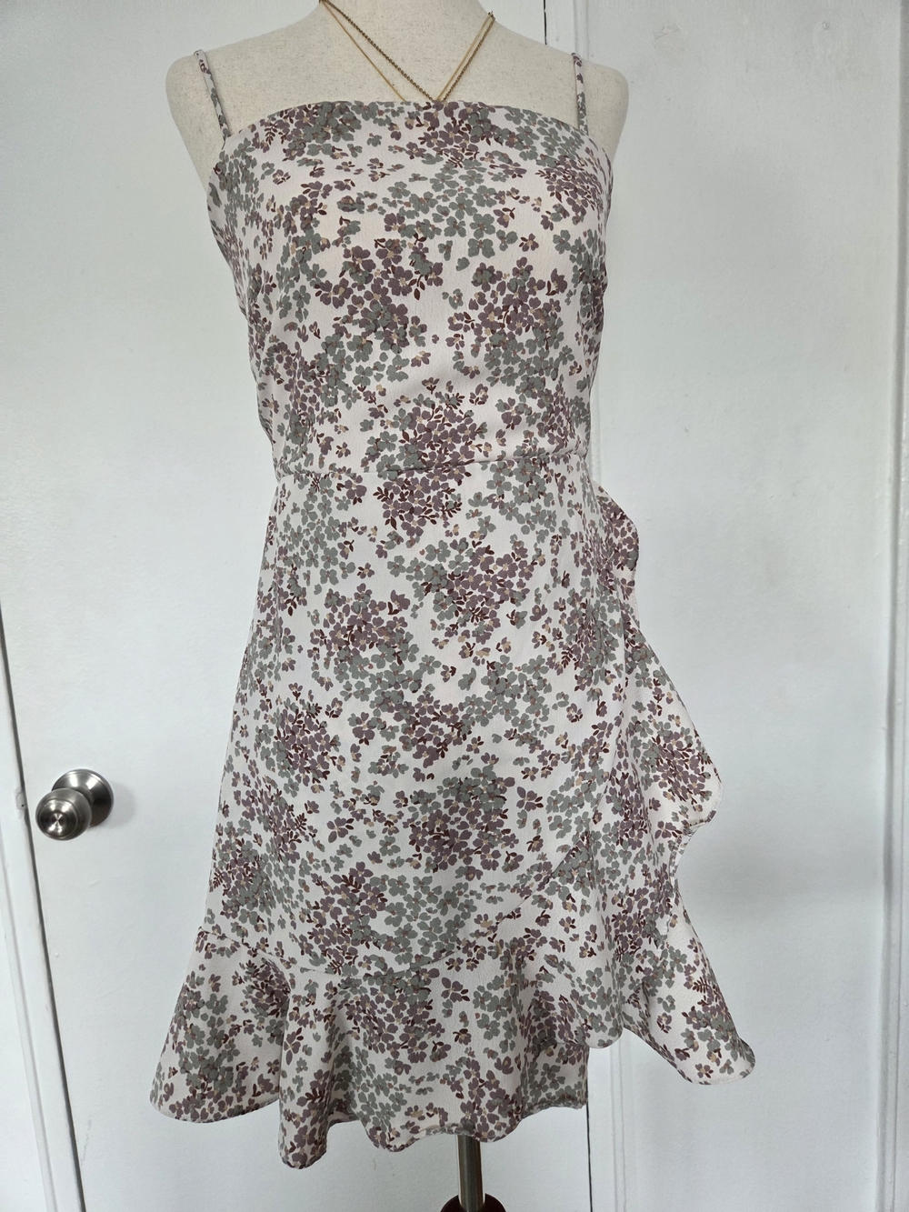 Lovely Day Cream Mini Dress with Mauve and Sage Floral Pattern